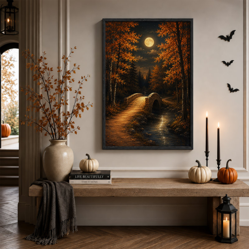 Pont en arche de pierre au clair de lune dans une forêt d'automne - Toile murale d'Halloween, 36"H x 24"W