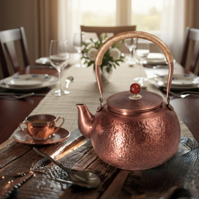 Handcrafted Hammered Copper Stove Teapot, 1.6 Quarts, 99.8% Pure Copper, Thickened Body, Uncoated, Traditional Craftsmanship, Rust-resistant And Durable, Releases Copper For Health Benefits When Boiling Water.
