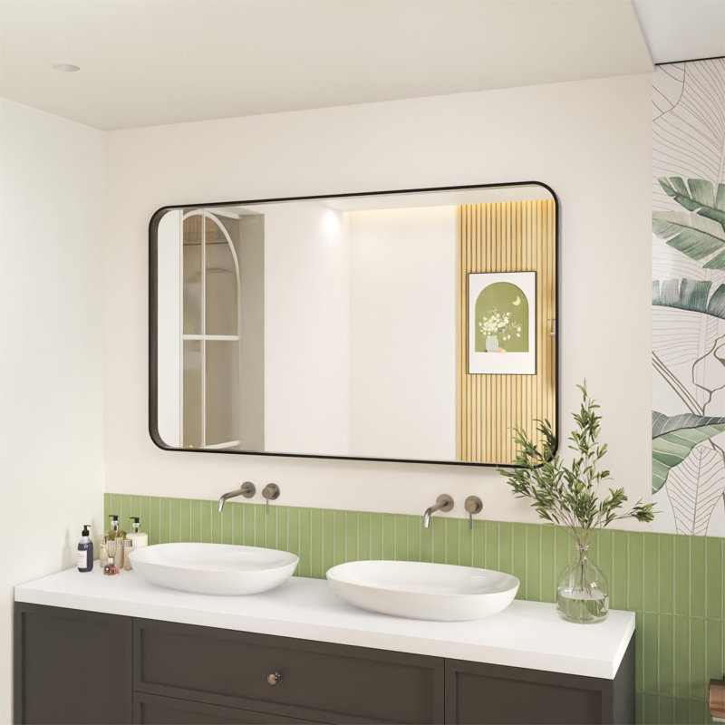 Élégant miroir encadré en aluminium avec coin arrondi pour une décoration intérieure élégante, Noir mat, 60 po x 36 po
