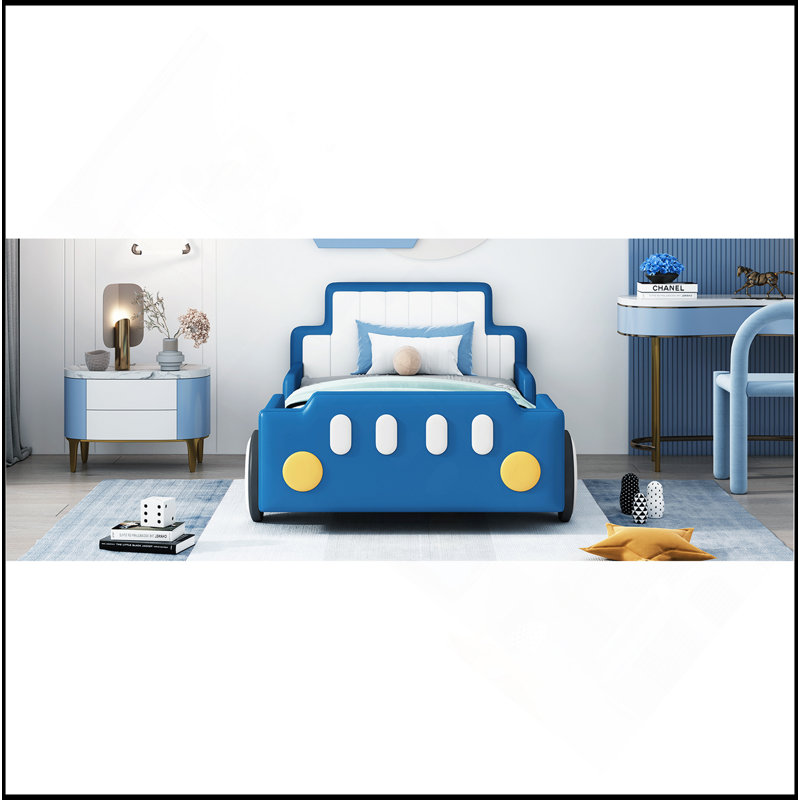 Lit plateforme simple en forme de voiture de course avec roues, bleu