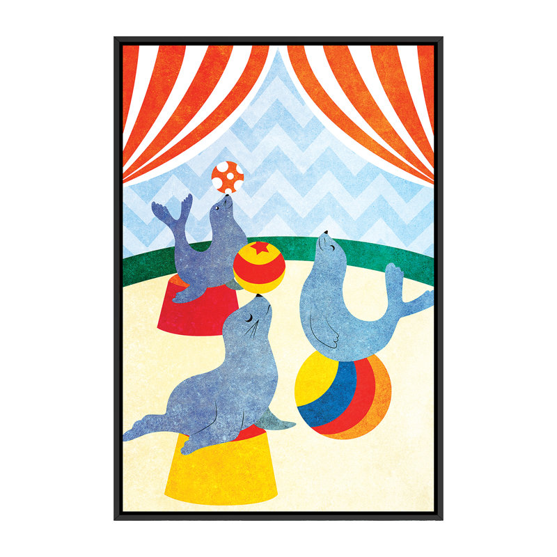 Éléphants et phoques, étape II - impression d'art graphique, Pas de tapis, H 60 po x l 40po x P 1,5 po, Toile avec cadre noir
