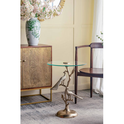 17.7X17.7X24" Gold Peacock Side Table With Round Glass Top