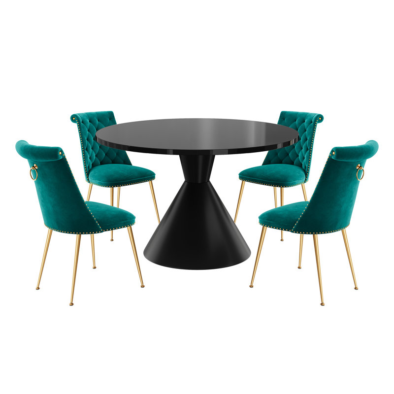 Magallanes 4-Person Round Table Velvet Chairs Dining Set, Lake Green, Black, Black