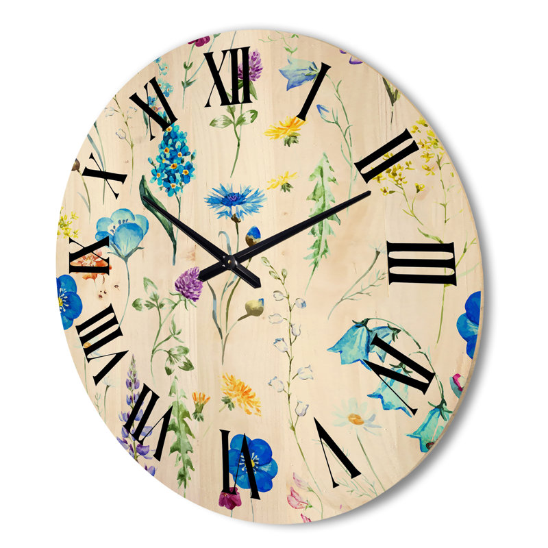 Blue Wild Flowers - Horloge murale traditionnelle en bois, Très grand