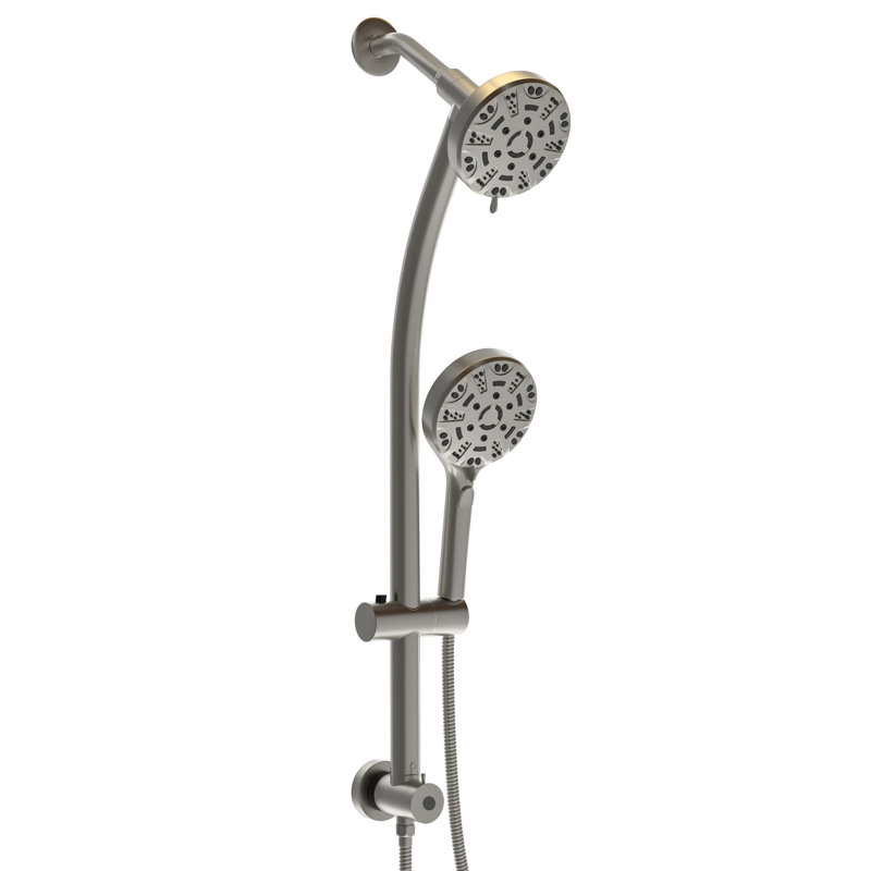 Pomme de douche double avec pomme de douche à effet pluie de 4,7 po et douche à main 8 po, tuyau en acier inoxydable, support à angle réglable, barre coulissante, finition nickel brossé - pomme de douche, nickel, support