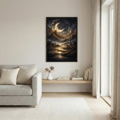 Art mural sur toile noir encadré pour le salon, la chambre à coucher, le bureau ou le vestibule - décoration murale décorative avec montagnes au clair de lune