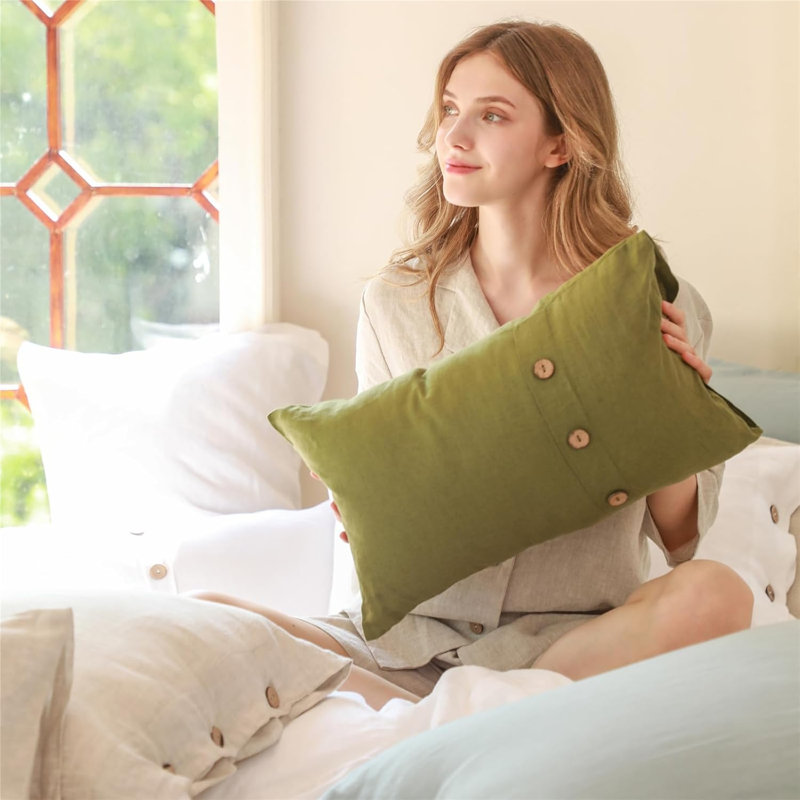100% Linen Lumbar Pillow Cover 12 X 20 Inch Set Of 2 Rectangular Decorative Pillow Cover With Vintage Triple Coconut Button