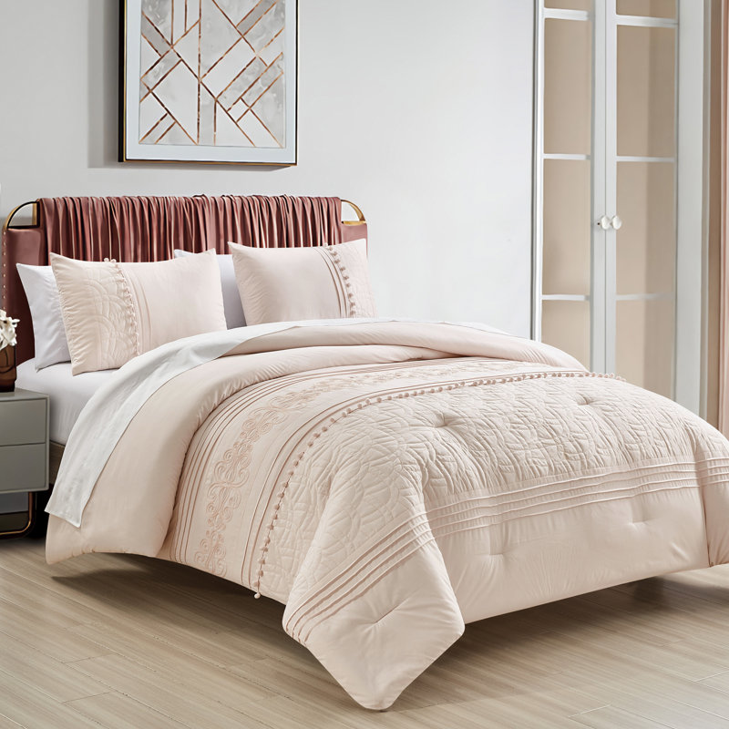 Athena 7-Pieces Bed in a Bag Floral Embroidered Comforter Set with Sheets, King Comforter + 6 Additional Pieces, Pink