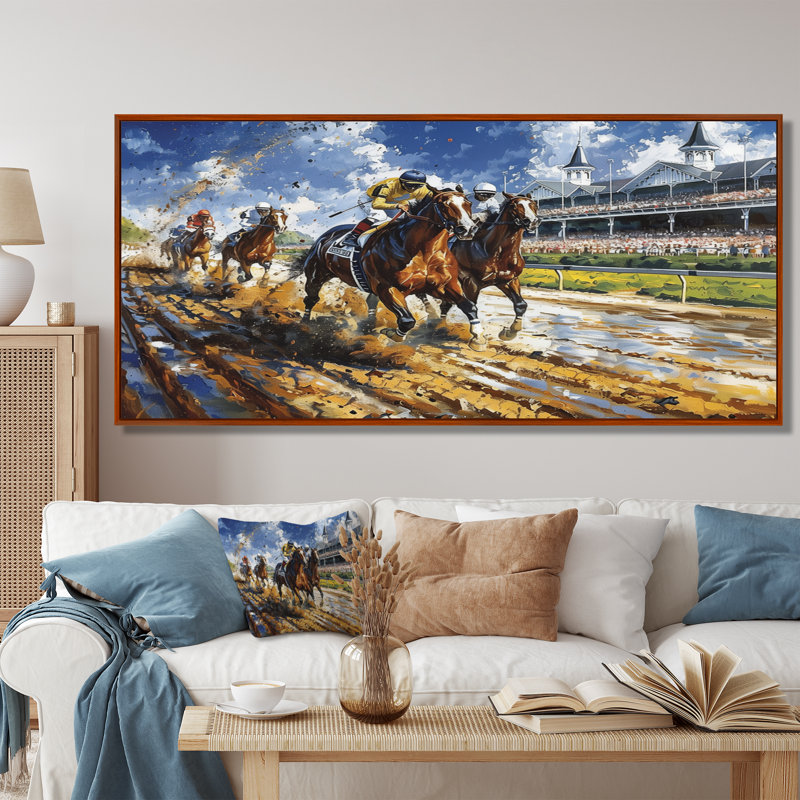 Marlyin - course de chevaux, art mural, Cadre flottant brun, H 28 po x l 60 po x P 1,5 po