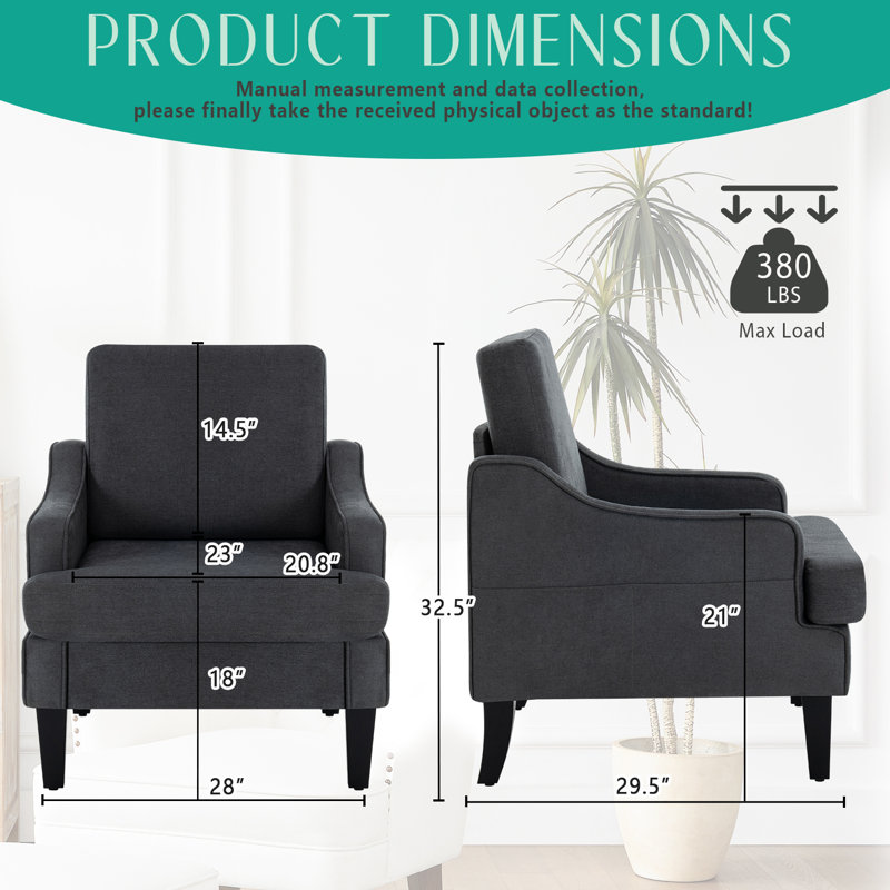Modern Accent Chairs Set Of 2 Upholstered Reading Chair For Bedroom With Side Pockets Comfy Living Room Chairs Living Room Armchair For Office, Apartment (Charcoal Towel)