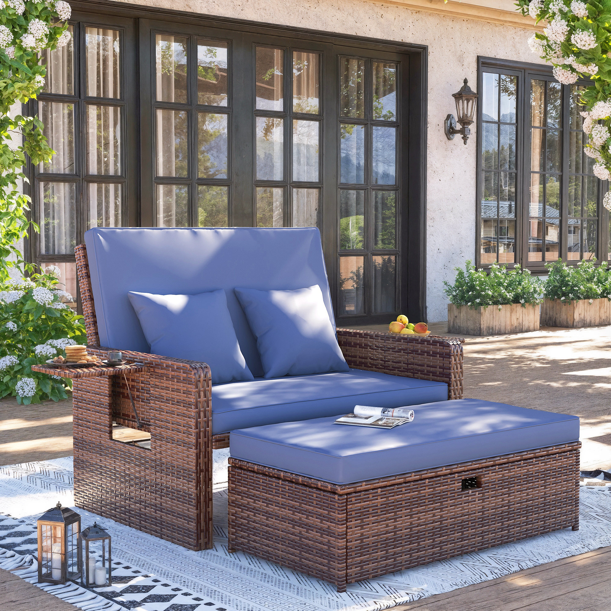 Ebern Designs 68" Wicker Outdoor Daybed Adjustable Loveseat With ...