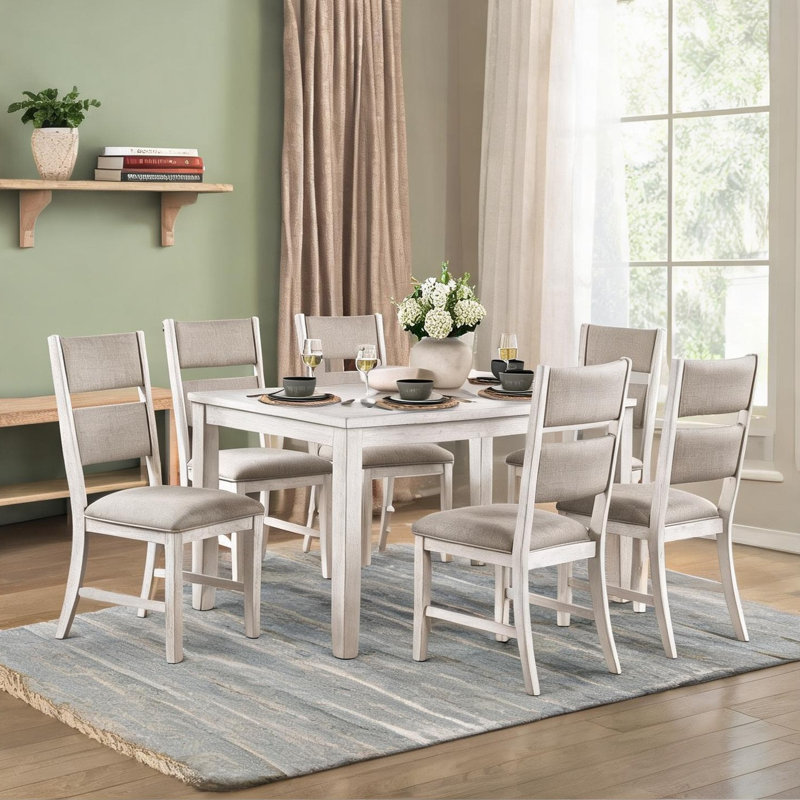 Ensemble de salle à manger 7 pièces avec chaises rembourrées, placage de bois massif blanc, 6 sièges