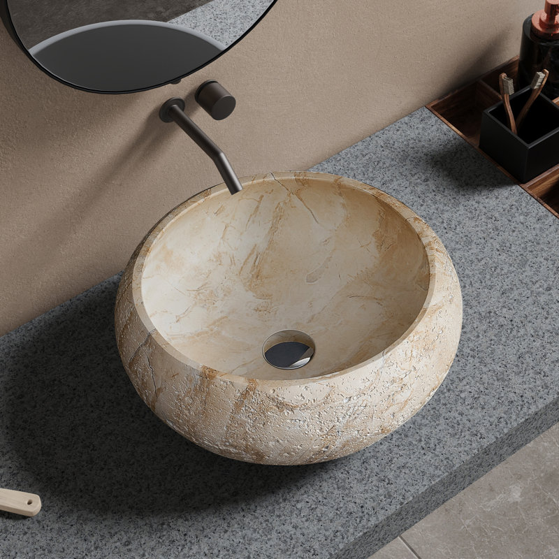 16" Stone Zen Bathroom Sink Solid Surface Round Vessel Basin Artistic Style Sink In Yellow Travertine Veining, Natural, Round