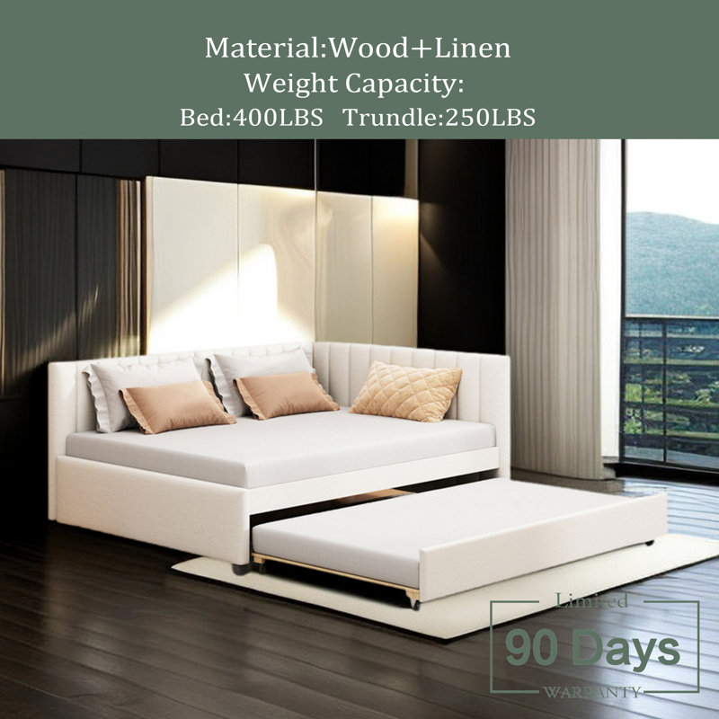 Deisel Upholstered Linen Daybed with Trundle Bed, Beige