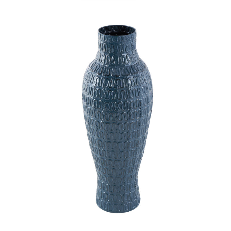Almath Metal Dimensional Textured Decorative Dark Blue Vase with Wavy Pattern