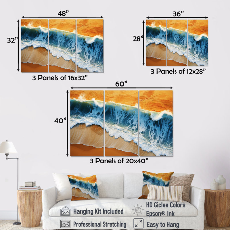 Vue aérienne de la plage bleue et orange I - art mural plage, Toile tendue, H 32 po x l 48 po x P 1 po