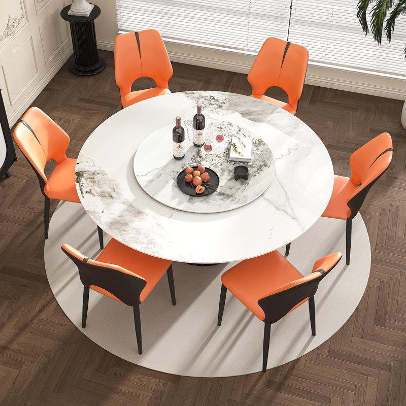 Table de salle à manger ronde en marbre 59 po, table de salle à manger en pierre frittée ronde avec base conique en acier inoxydable, table de salle à manger robuste pour la salle à manger de cuisine pour 4 à 6 personnes (avec 6 chaises orange)