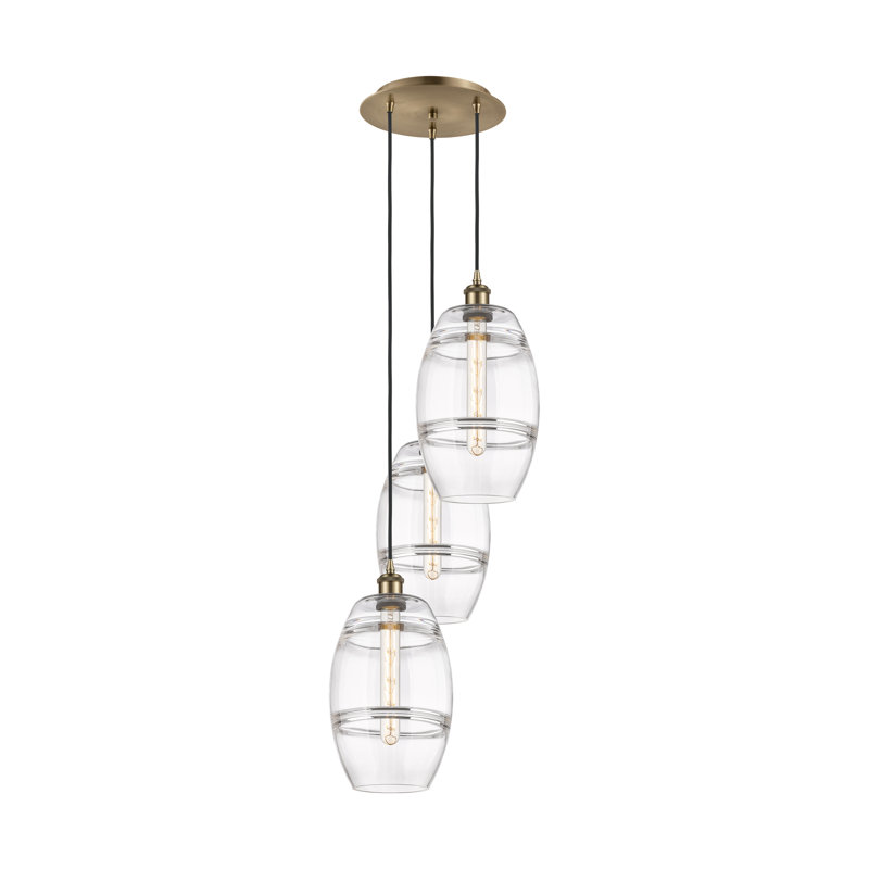 Luminaire suspendu rond / ovale 3 lumières Dundrod, H 30,38 po x l 14,5 po x P 14,5 po, Transparent, Laiton antique