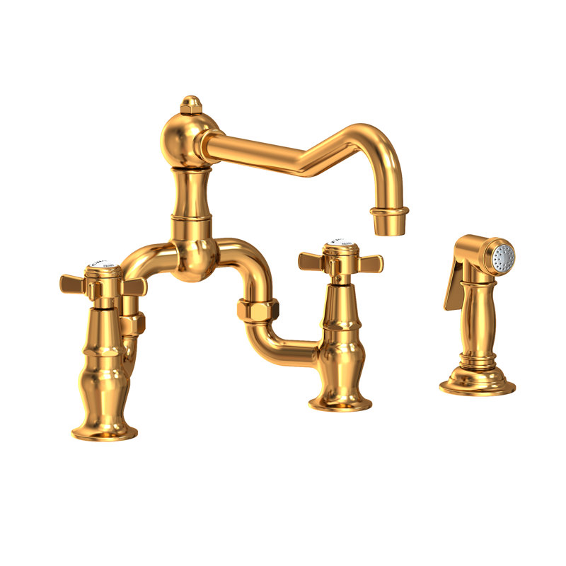 Fairfield Kitchen Bridge Faucet with Side Spray, Aged Brass