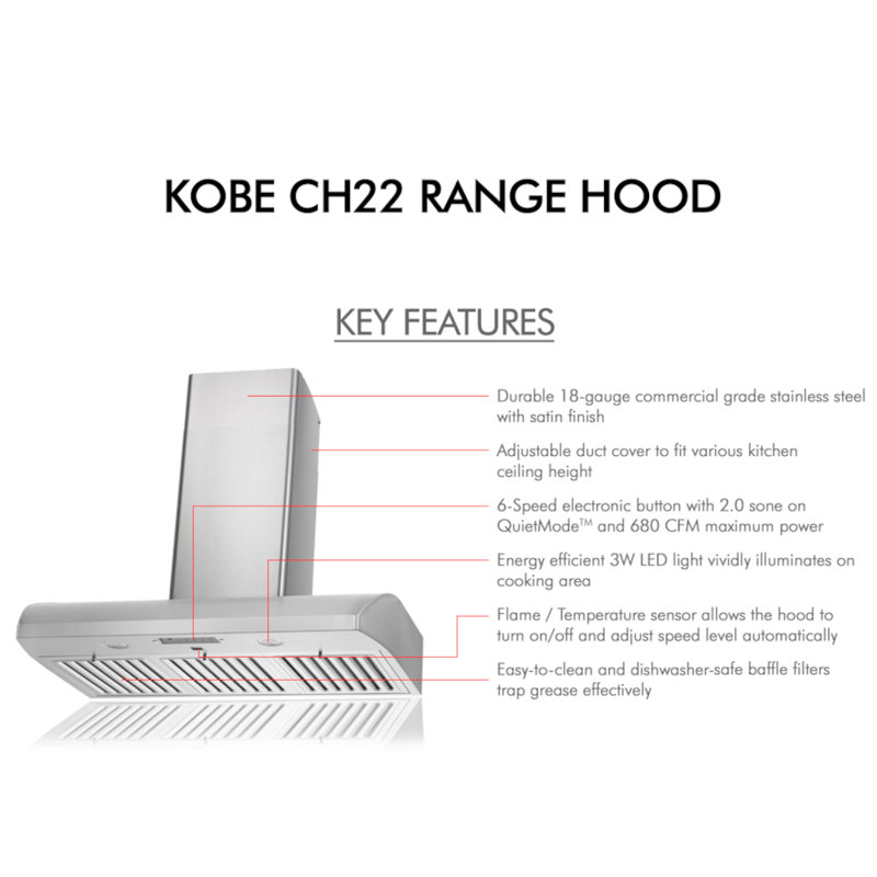 KOBE 35.75" 680 CFM Ducted Wall Mount Range Hood in Stainless Steel