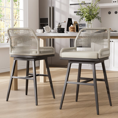 Bar Stools Set Of 2, Rattan Counter Height Bar Stools, 26" H Swivel Patio Barstools With Boho Woven Rope Back For Kitchen Patio Garden Cushions Included,