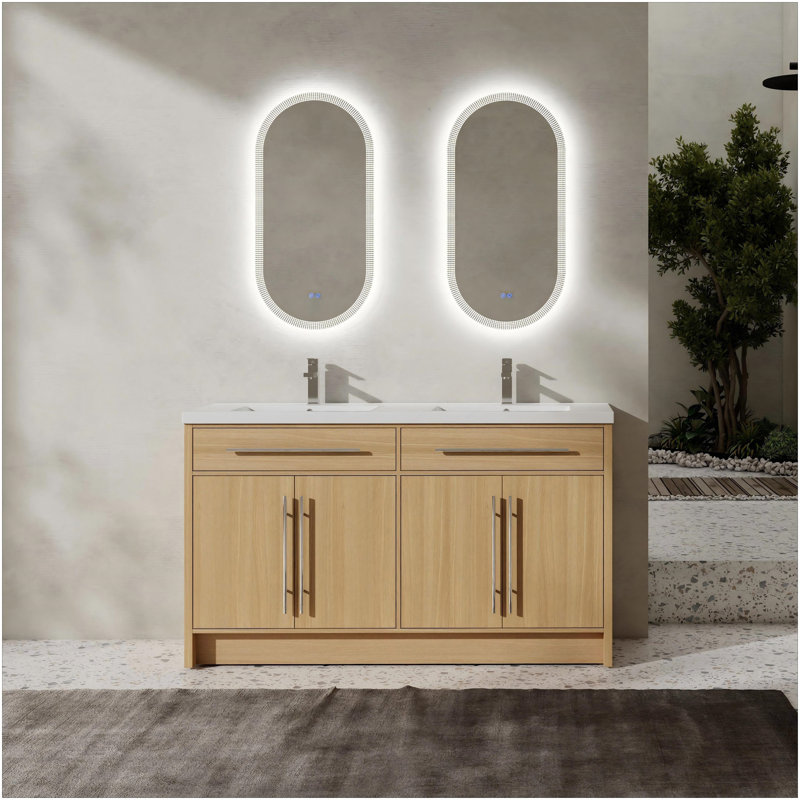 Meuble-lavabo autoportant de 60 po avec lavabo en résine, 4 portes à fermeture douce, chêne original, contreplaqué