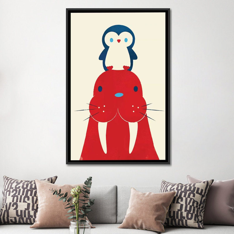 Impression sur toile tendue «Penguin and Walrus», H 26 po x l 18 po x P 1,5 po, Toile avec cadre noir, Pas de tapis