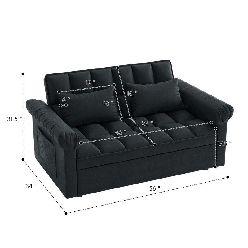 Canapé-lit double 56 po avec coussins moelleux, Noir