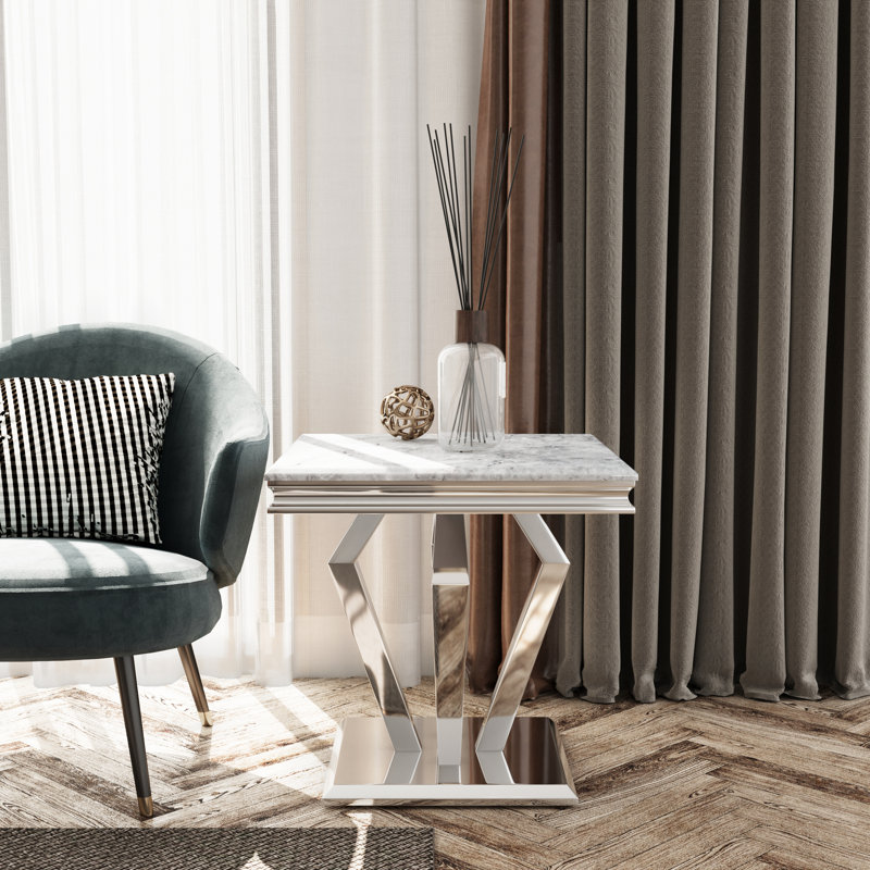 Black And Gold End Side Table With Polished Geometric Base, Grey/Silver