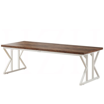 71" Farmhouse Dining Table for 6, Rustic Rectangular Kitchen Table with X-Trestle Metal Legs, Wood Top Dinner Table for Dining Room, Rustic Brown & Wh