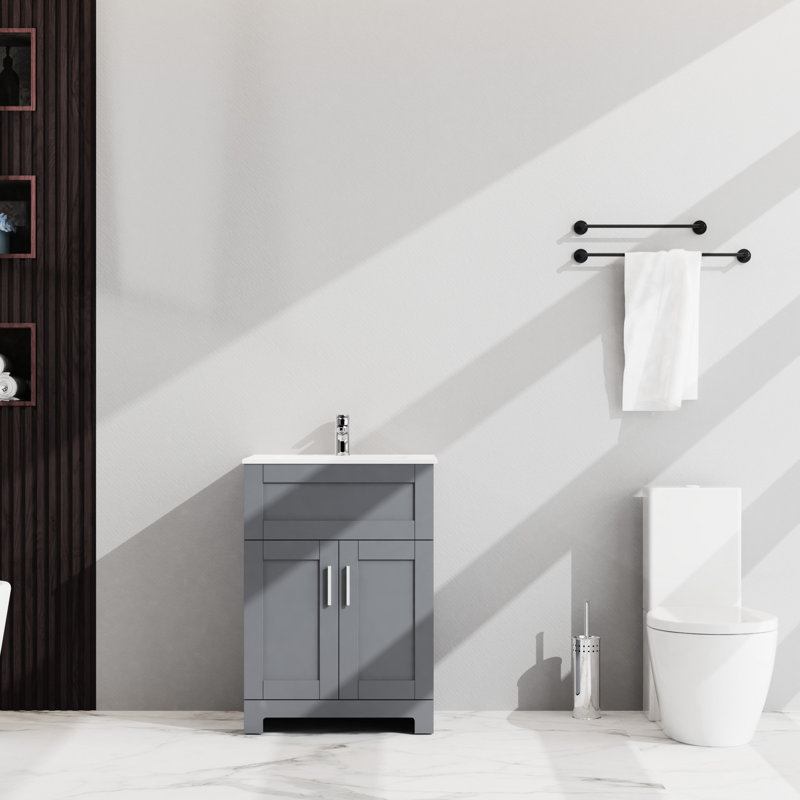 Armoire de salle de bain 24 po, grise - avec revêtement, installation de rangement contemporaine à deux portes, installation simple, armoire en céramique avec barrière de sécurité pour une vue sophistiquée, beaucoup d'espace, 2 portes faciles