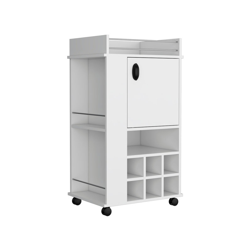 Chariot-bar moderne avec armoire, 6 porte-bouteilles et roulettes intégrés, Blanc