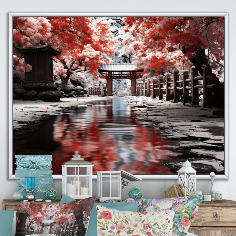 «Japon Art Red Torii Gate II», reproduction d'art sur toile, H 12 po x l 20 po x P 1 po, Cadre flottant blanc
