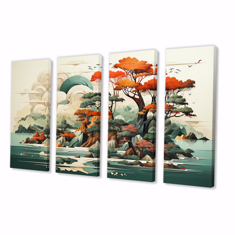 «Vintage Japanese Lake Scenery I - Abstract Landscape», art mural 4 pièces, H 32 po x l 64 po