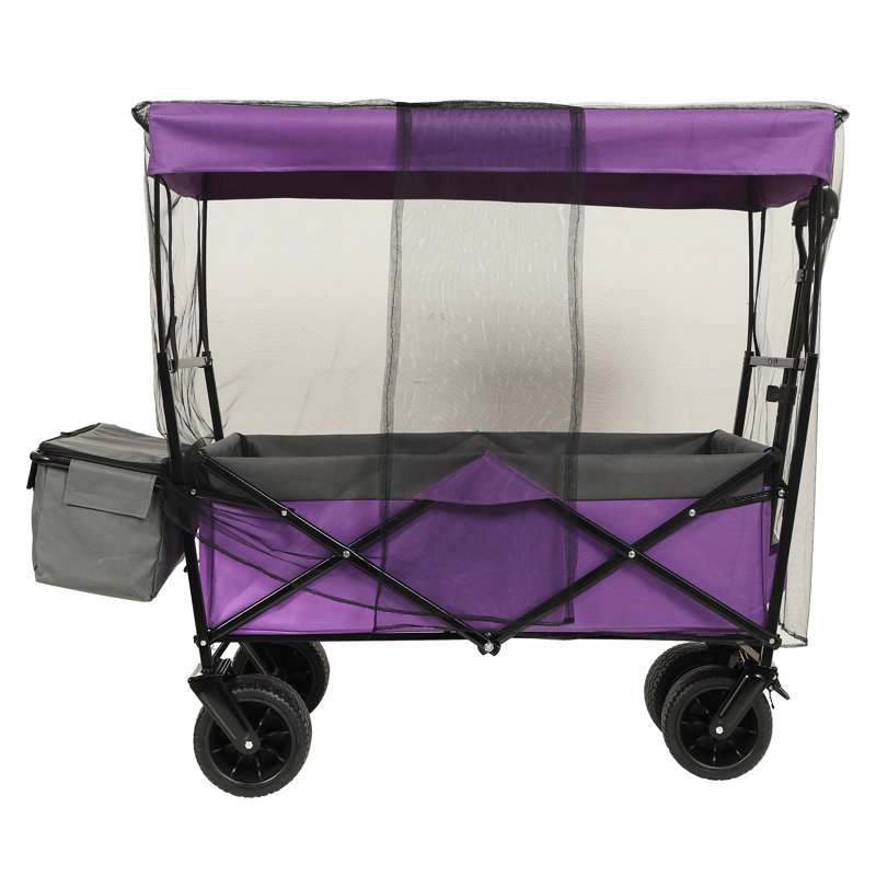 Chariot de jardin pliable robuste de 48 lb avec auvent et moustiquaire, chariot de jardin pliable mauve avec roues tout-terrain de 7 po