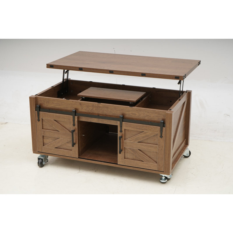 Table basse à plateau relevable avec roues verrouillables, tables basses de ferme avec grand rangement caché, Brun