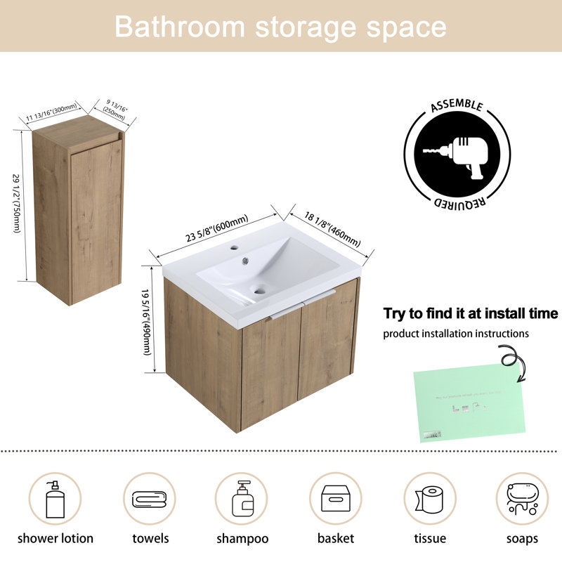 Ensemble de meuble-lavabo mural 24 po avec lavabo en résine et armoires murales, 24"