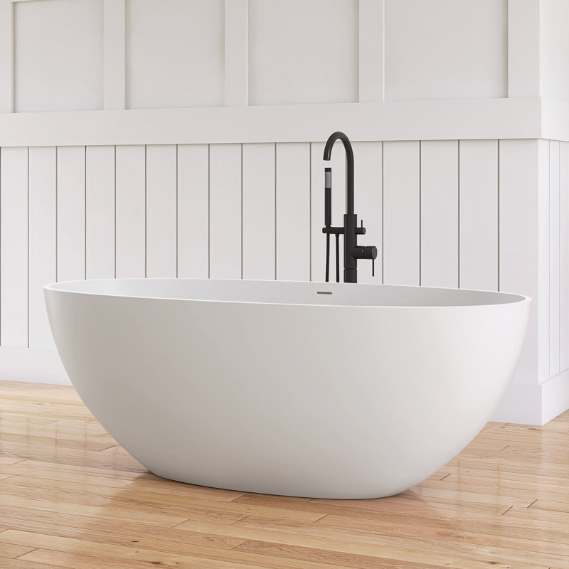Forma 61'' Freestanding Tub Solid Surface Stone Resin Free Standing Soaking Bathtub, Light Gray