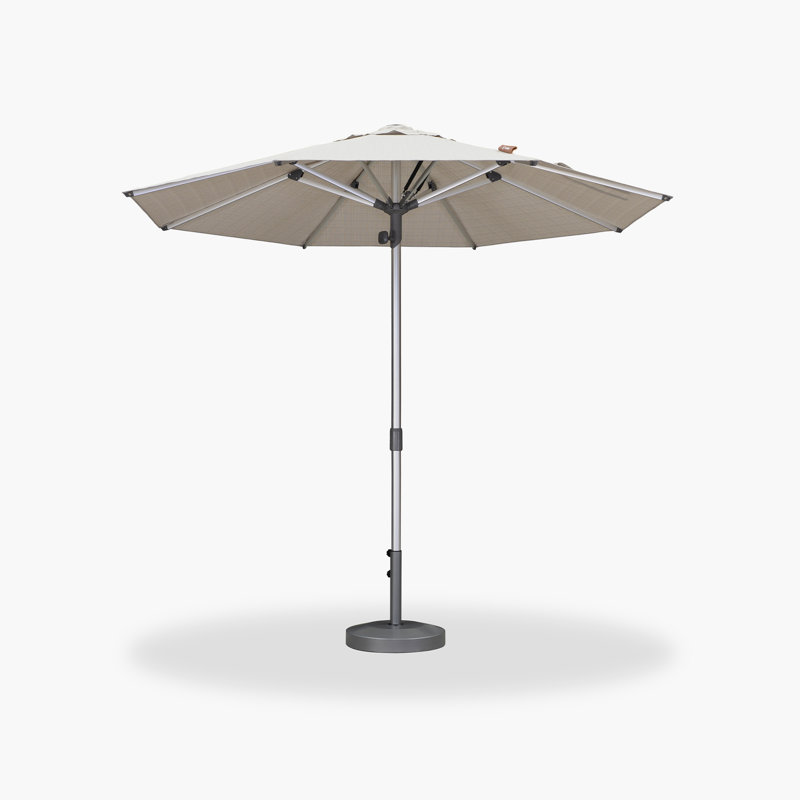 Parasol de marché rond semi-automatique 9 pi, pôle argenté, de luxe, pour terrasse, beige, Beige, L 106 po x P 96 po