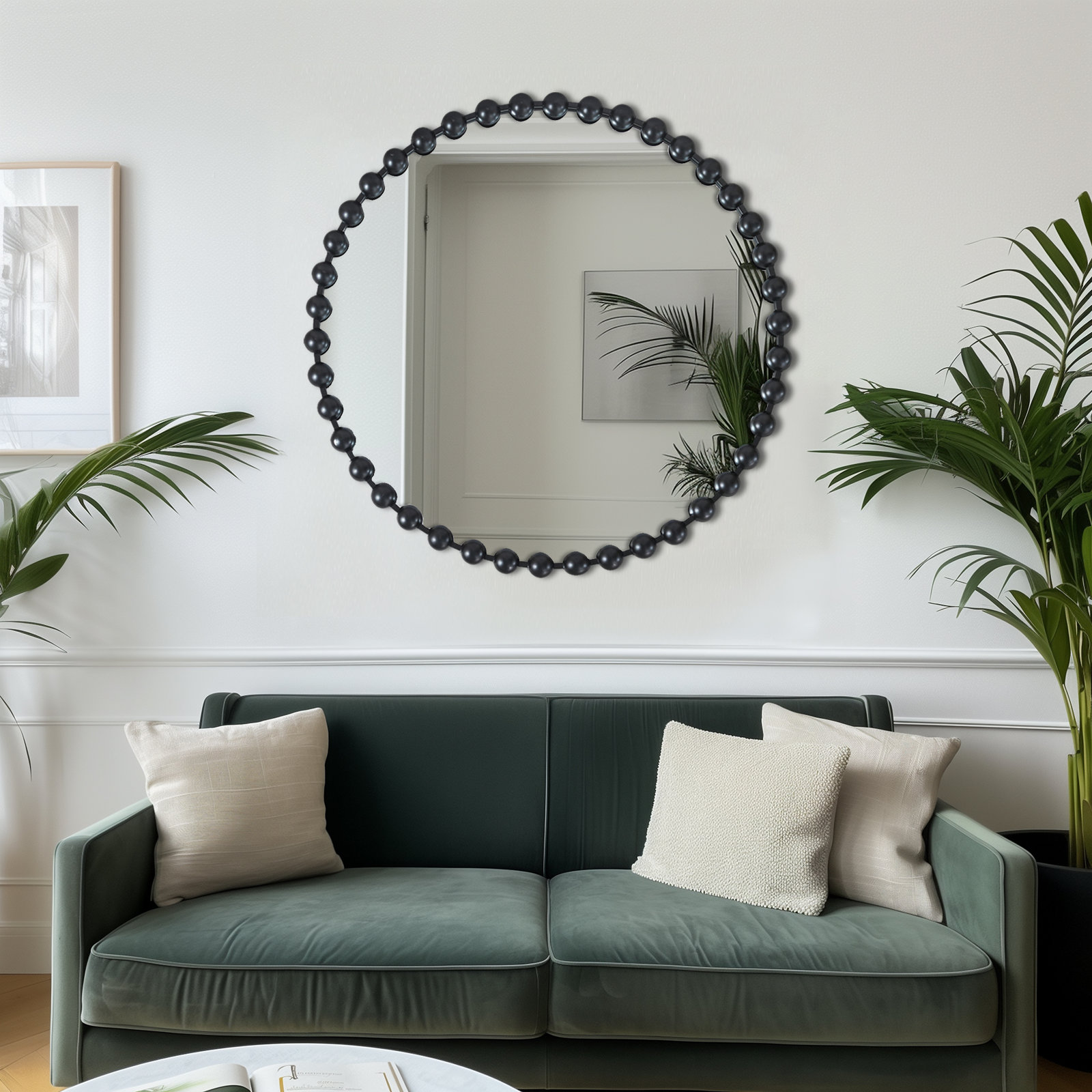 Marlowe Beaded Round Metal Wall Mirror, 36" x 36", Black