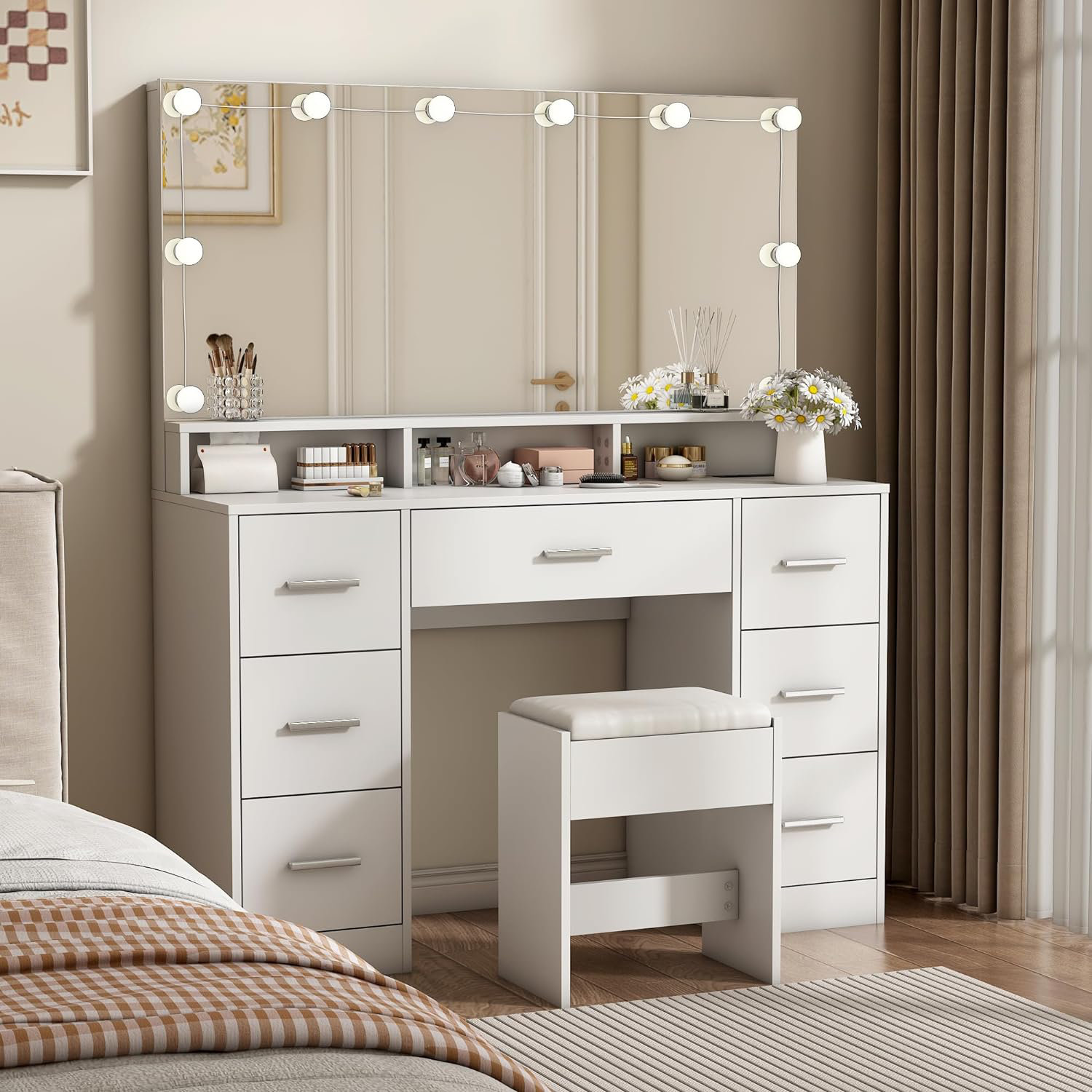 linor 46.5" White Vanity with Power Outlet & 7 Drawer, Bedroom Vanity ...