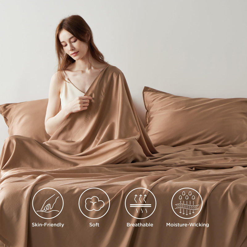 Ensemble de draps en coton et eucalyptus, Ensemble de drap grand avec un drap-housse et deux, Taupe