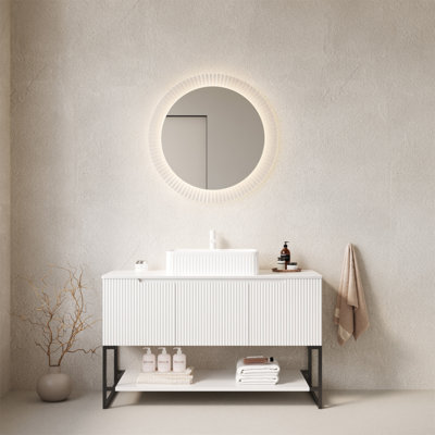 TULIO 48" Bathroom Vanity With Vessel Sink, Freestanding Bathroom Storage Cabinet With 3 Doors And Open Shelf Rectangular Ceramic Basin And Carrara White Sintered Stone Counter Top Color