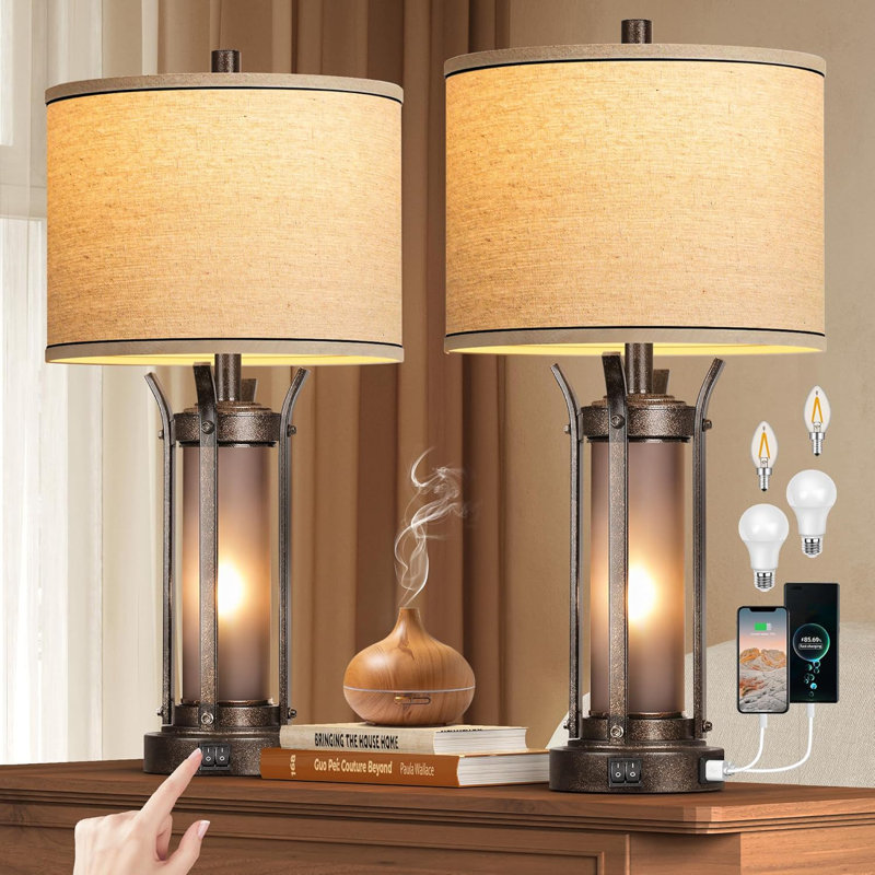 Lampes de table de ferme 26 po pour le salon, lampes rustiques à côté de la chambre à coucher avec ports USB A + C, Bronze