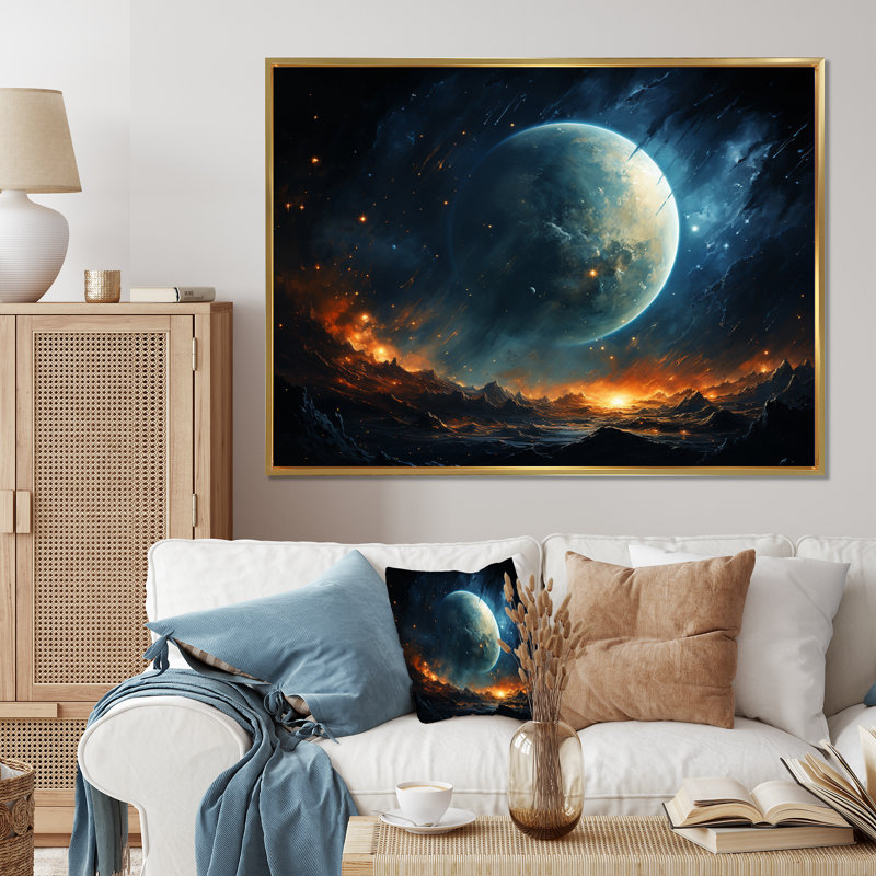 Planète orbitale sarcelle orange sur toile, H 16 po x l 32 po x P 1 po, Cadre flottant doré