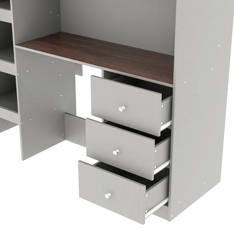 Lit mezzanine gris avec bureau, garde-robe et espace de rangement