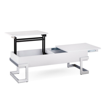 Table basse rectangulaire à plateau relevable avec compartiment de rangement blanc brillant et base en métal