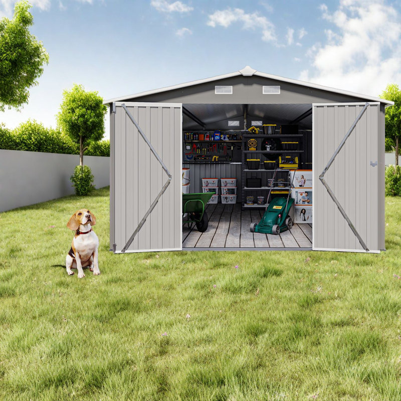 Remise de jardin en métal durable avec portes verrouillables, gris clair 10 x 14 pi