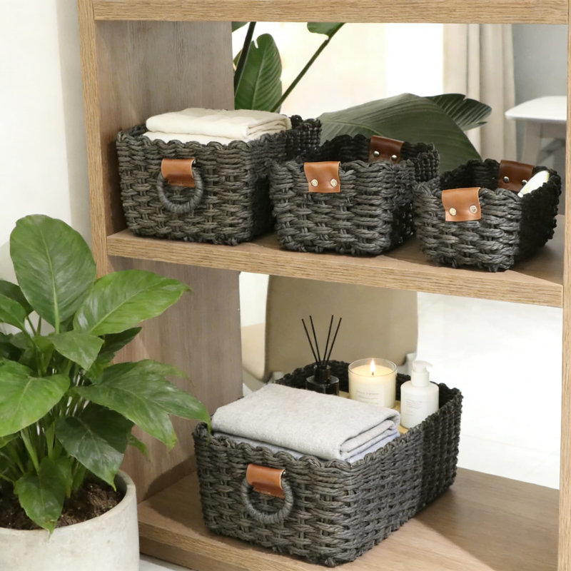 Handwoven Storage Baskets Set Of 3, Eco-Friendly Recycled Paper Rope Organizer Bins With Vegan Leather Trim For Shelves, Bathroom, Desk, And Home Decor