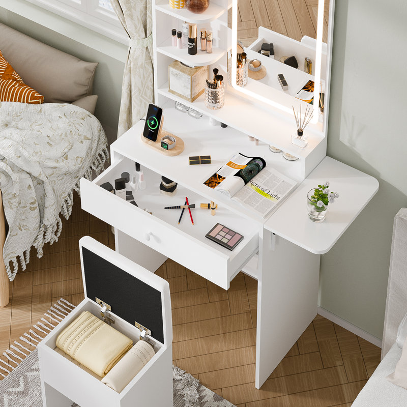 Coiffeuse de maquillage avec tabouret de rangement, miroir éclairé et prise de courant, Blanc